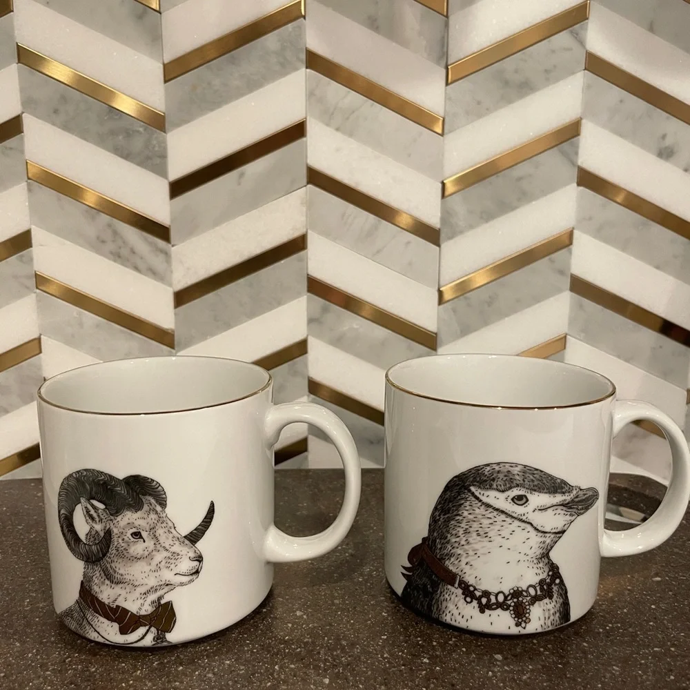 WEST ELM Gilded Dapper Animal Complete Mug Set of (4)
